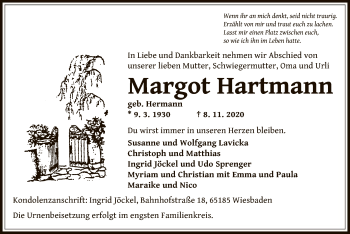 Todesanzeige von Margot Hartmann von OF