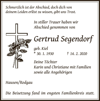 Todesanzeige von Gertrud Segendorf von Offenbach