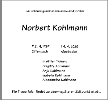 Todesanzeige von Norbert Kohlmann von Offenbach