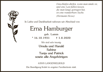 Todesanzeige von Erna Hamburger von OF