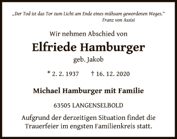 Todesanzeige von Elfriede Hamburger von OF