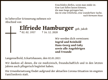 Todesanzeige von Elfriede Hamburger von OF