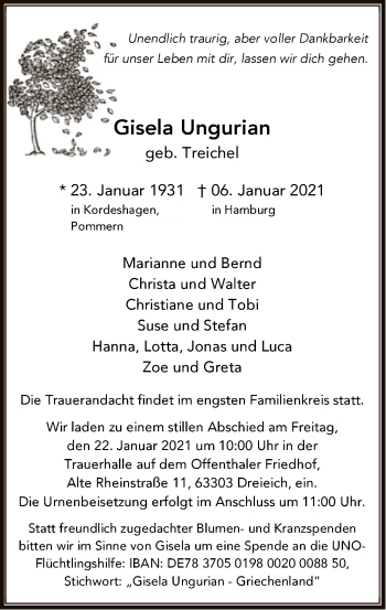 Todesanzeige von Gisela Ungurian von OF