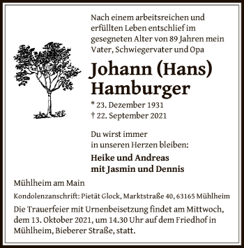 Todesanzeige von Johann Hamburger von OF