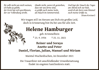 Todesanzeige von Helene Hamburger von OF
