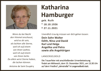 Todesanzeige von Katharina Hamburger von OF