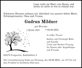 Todesanzeige von Gudrun Mildner von OF