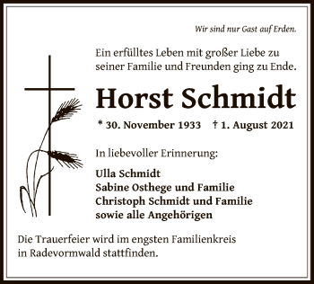 Todesanzeige von Horst Schmidt von OF