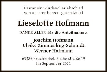 Todesanzeige von Lieselotte Hofmann von OF