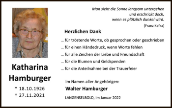 Todesanzeige von Katharina Hamburger von OF