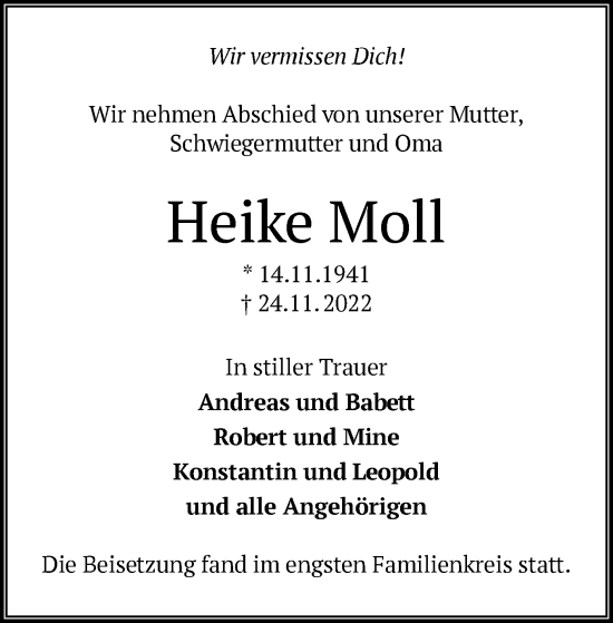 Todesanzeige von Heike Moll von OF