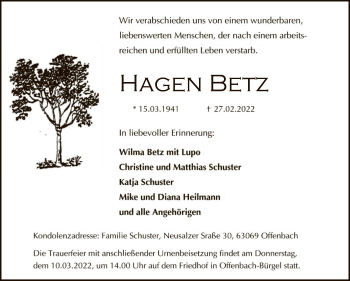 Todesanzeige von Hagen Betz von OF