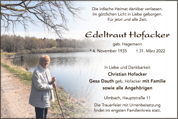 Todesanzeige von Edeltraut Hofacker von OF