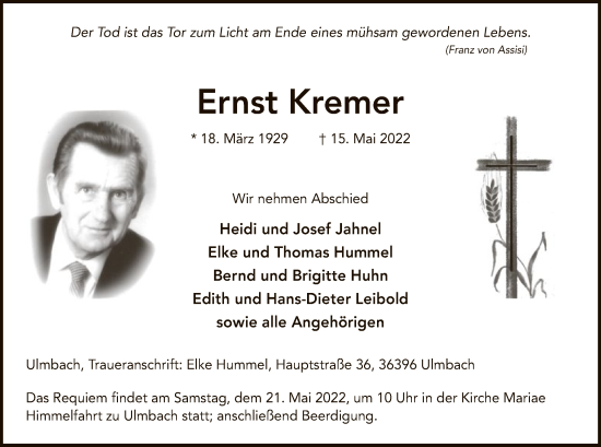 Todesanzeige von Ernst Kremer von OF