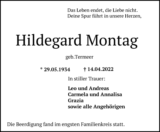 Todesanzeige von Hildegard Montag von OF