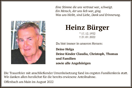 Todesanzeige von Heinz Bürger von OF