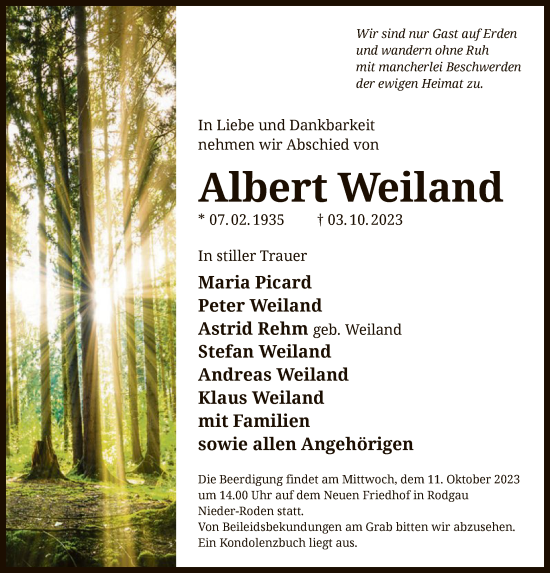 Todesanzeige von Albert Weiland von OF