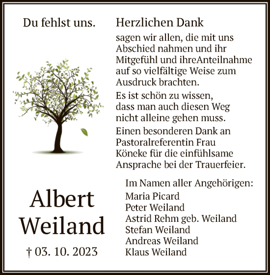 Todesanzeige von Albert Weiland von OF