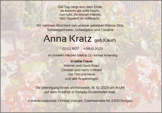 Todesanzeige von Anna Kratz von OF