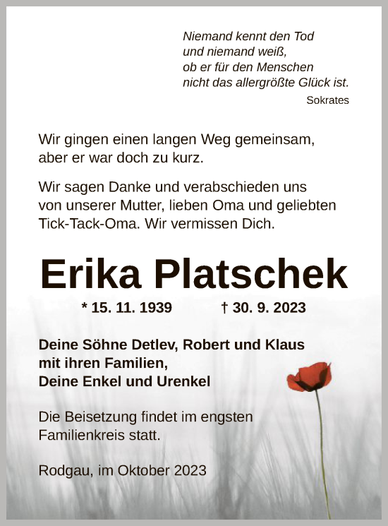 Todesanzeige von Erika Platschek von OF