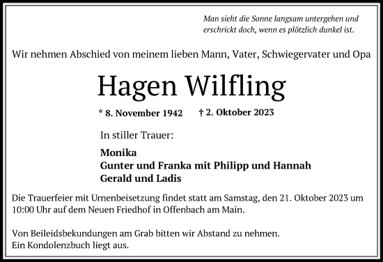 Todesanzeige von Hagen Wilfling von OF