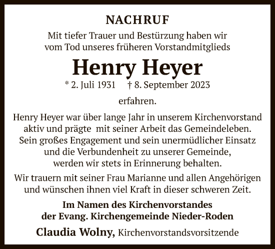 Todesanzeige von Henry Heyer von OF