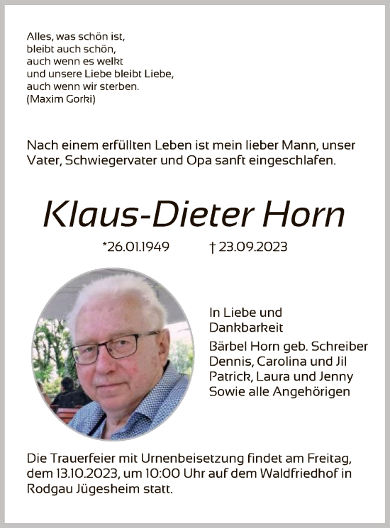 Todesanzeige von Klaus-Dieter Horn von OF