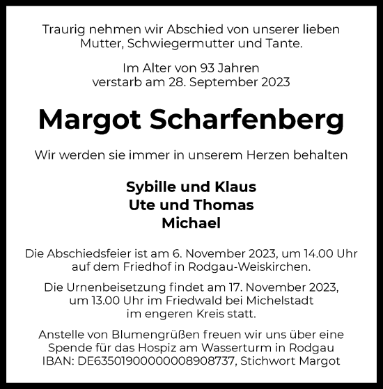 Todesanzeige von Margot Scharfenberg von OF