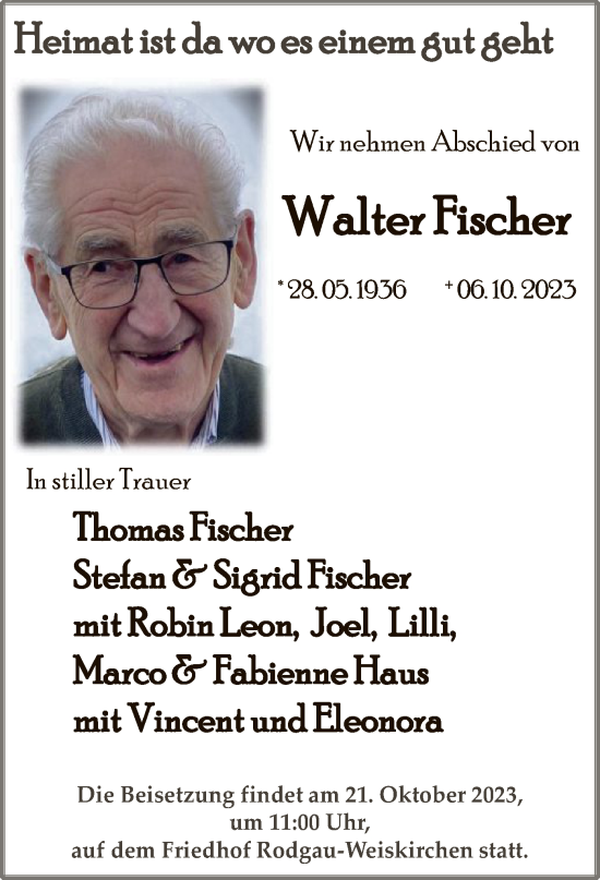 Todesanzeige von Walter Fischer von OF