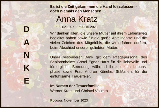 Todesanzeige von Anna Kratz von OF