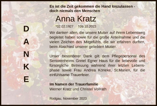 Todesanzeige von Anna Kratz von OF