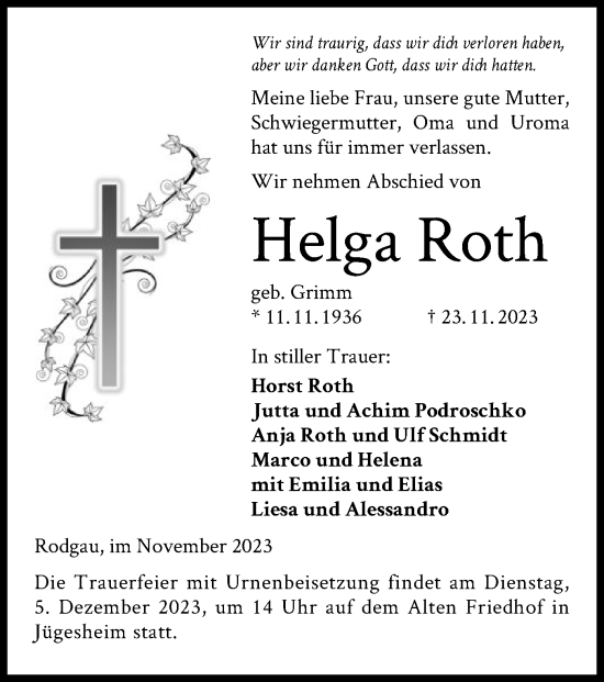 Todesanzeige von Helga Roth von OF