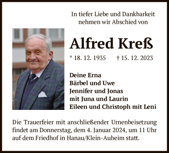 Todesanzeige von Alfred Kreß von OF