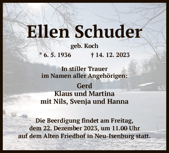 Todesanzeige von Ellen Schuder von OF