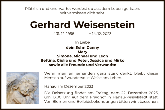 Todesanzeige von Gerhard Weisenstein von OF