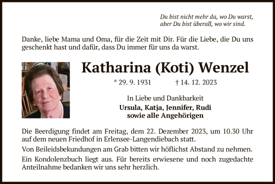 Todesanzeige von Katharina Wenzel von OF