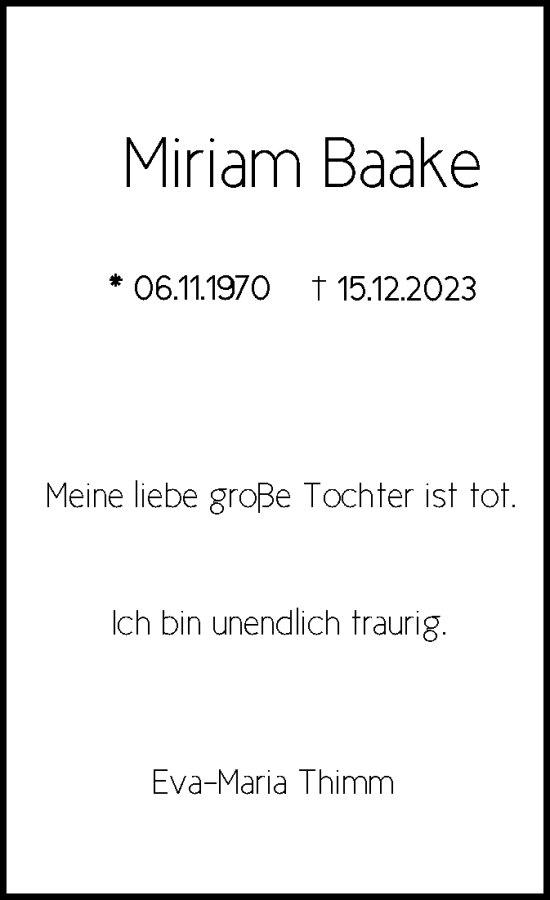 Todesanzeige von Miriam Baake von OF