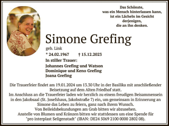 Todesanzeige von Simone Grefing von OF