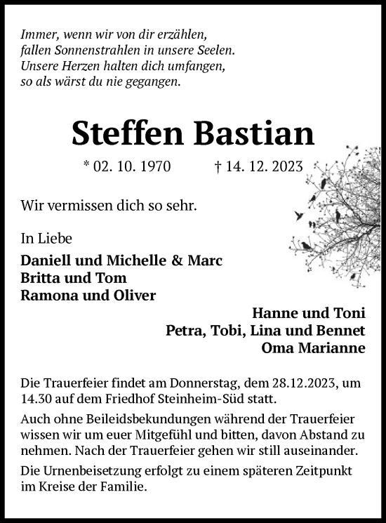 Todesanzeige von Steffen Bastian von OF