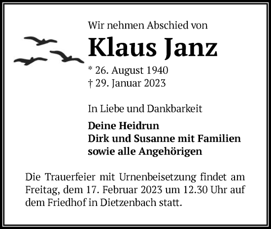 Todesanzeige von Klaus Janz von OF