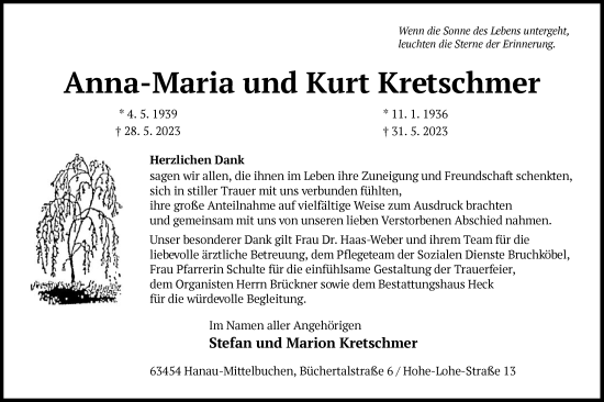 Todesanzeige von Anna-Maria und Kurt Kretschmer von OF