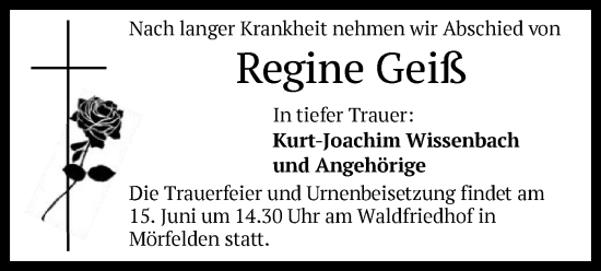 Todesanzeige von Regine Geiß von OF