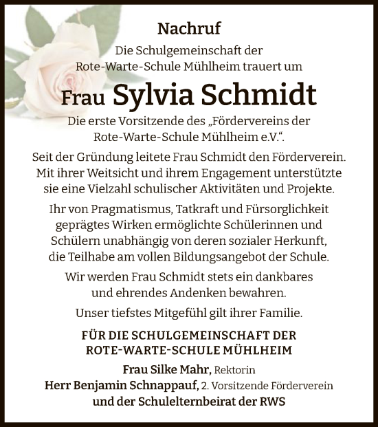 Todesanzeige von Sylvia Schmidt von OF