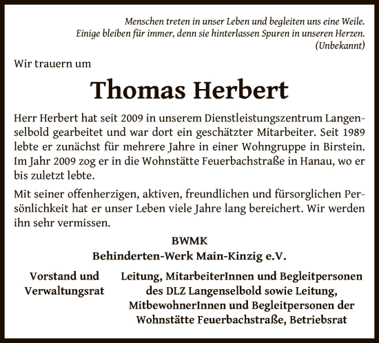 Todesanzeige von Thomas Herbert von OF