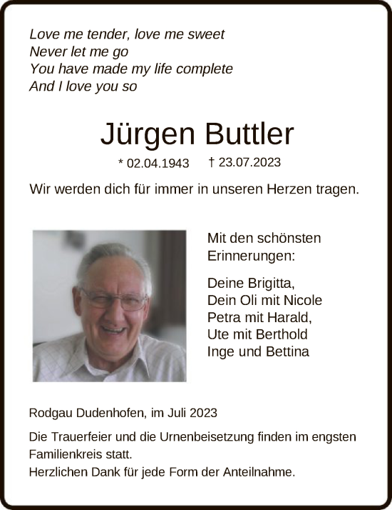 Todesanzeige von Jürgen Buttler von OF