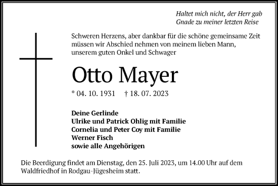 Todesanzeige von Otto Mayer von OF