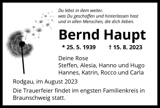 Todesanzeige von Bernd Haupt von OF