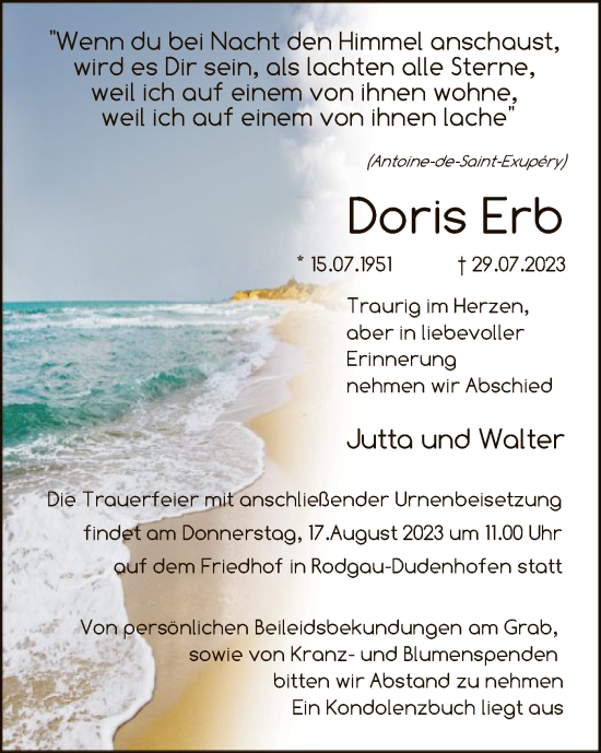 Todesanzeige von Doris Erb von OF