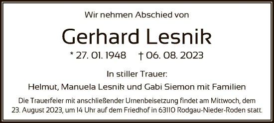 Todesanzeige von Gerhard Lesnik von OF