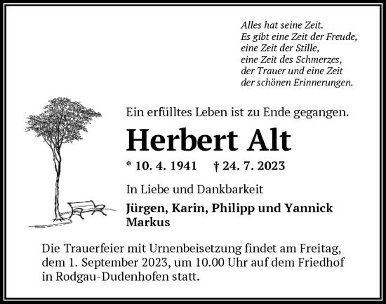 Todesanzeige von Herbert Alt von OF